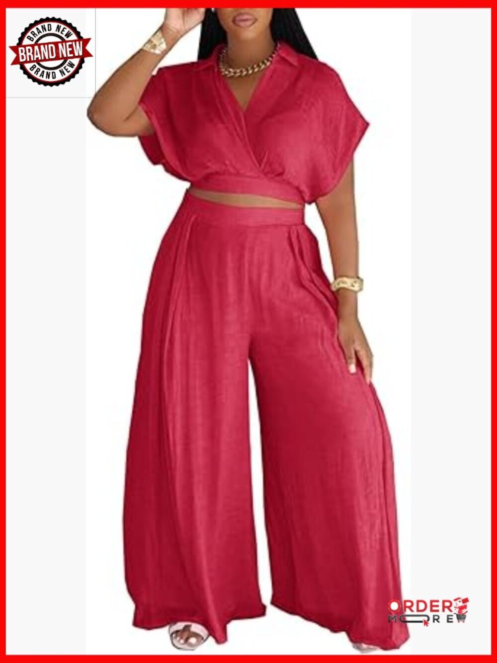 Womens Summer 2 Piece Outfits Wrap V Neck Crop Top and Wide Leg Pants Sets